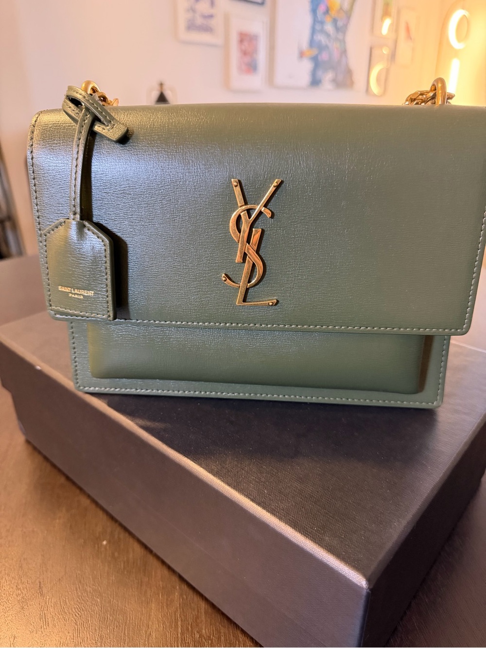 Saint Laurent Sunset Bag, Olive Green Smooth Leather, Chain Strap, Gold Hardware - Picture 4 of 9